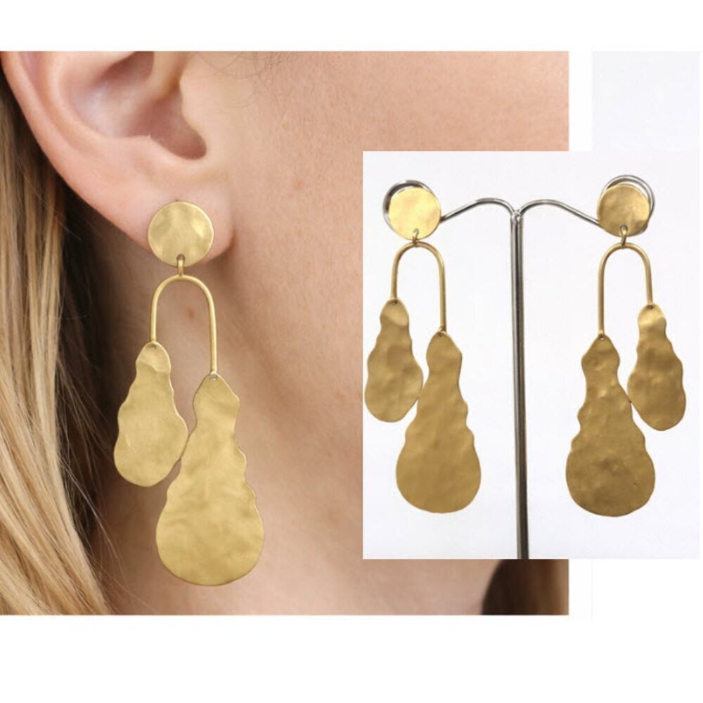 Gold Dangle Drop Earrings Statement Hammered Lightweight Modern Boho Chic